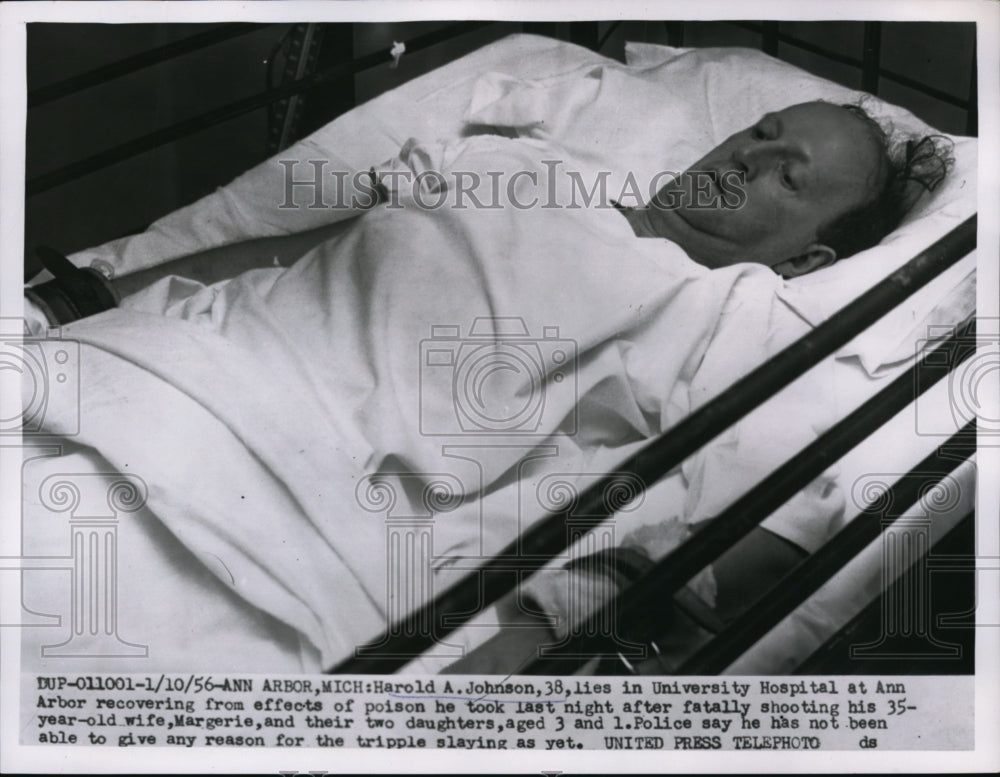 1956 Press Photo Harold Johnson in Hospital after Murders & Suicide Attempt, MI