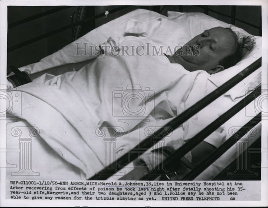 1956 Press Photo Harold Johnson in Hospital after Murders & Suicide Attempt, MI