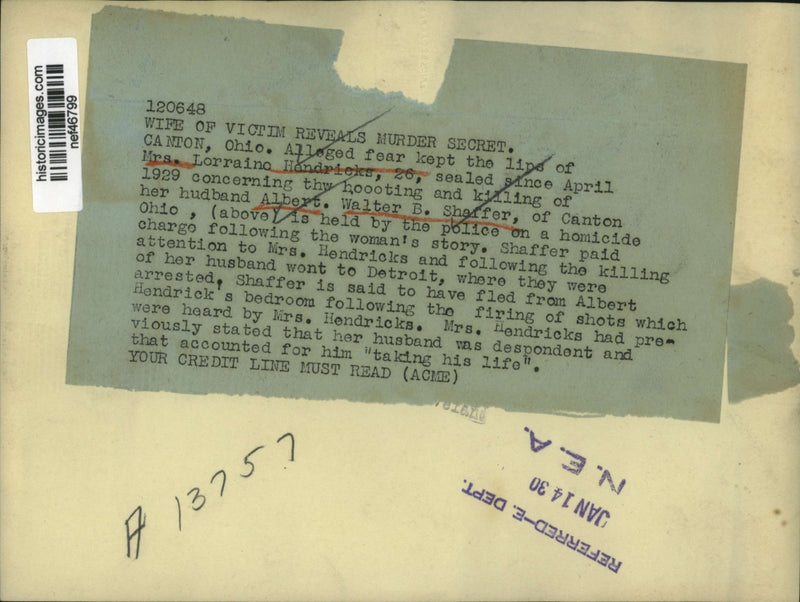Load image into Gallery viewer, 1930 Press Photo Fear Kept Lorraine Hendricks Lips Sealed Since Husband Killed
