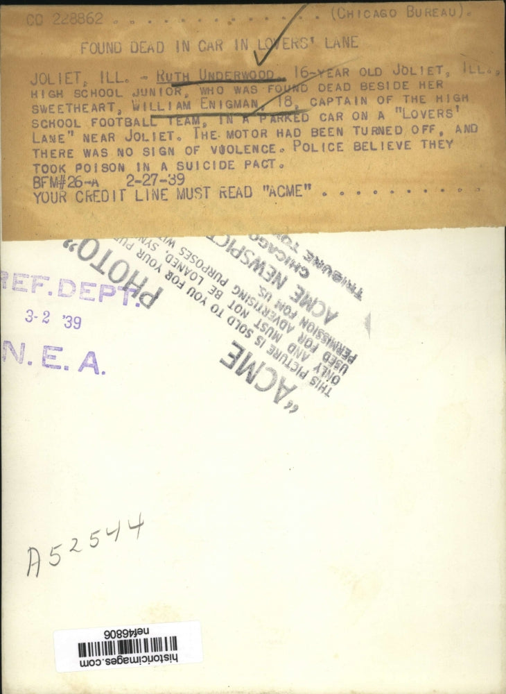 1939 Press Photo Ruth Underwood Found Dead Beside Her Sweetheart William Enigman