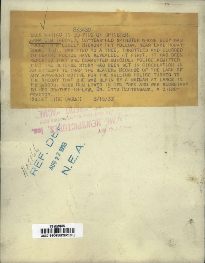 1933 Press Photo Anna Ulm's Body Found in Hickory Nut Holly Was Tied to a Tree