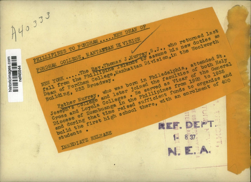 1937 Press Photo Father Murray Returned Last Fall to Assume His New Duties