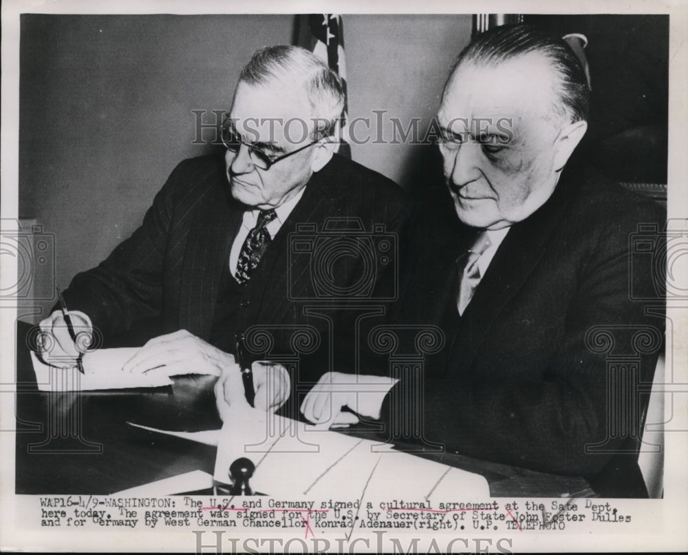 1953 Press Photo John Foster Dulles, Konrad Adenauer sign cultural agreement