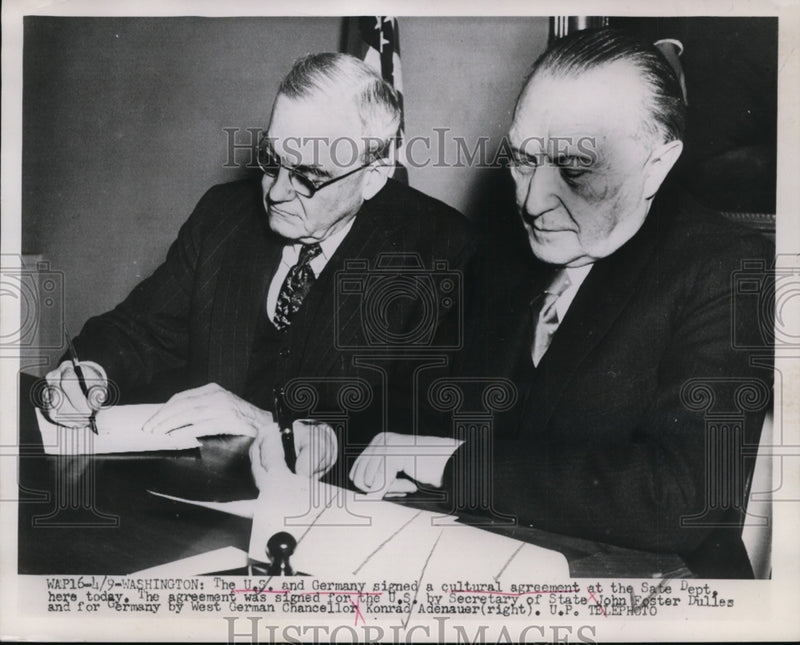 Load image into Gallery viewer, 1953 Press Photo John Foster Dulles, Konrad Adenauer sign cultural agreement
