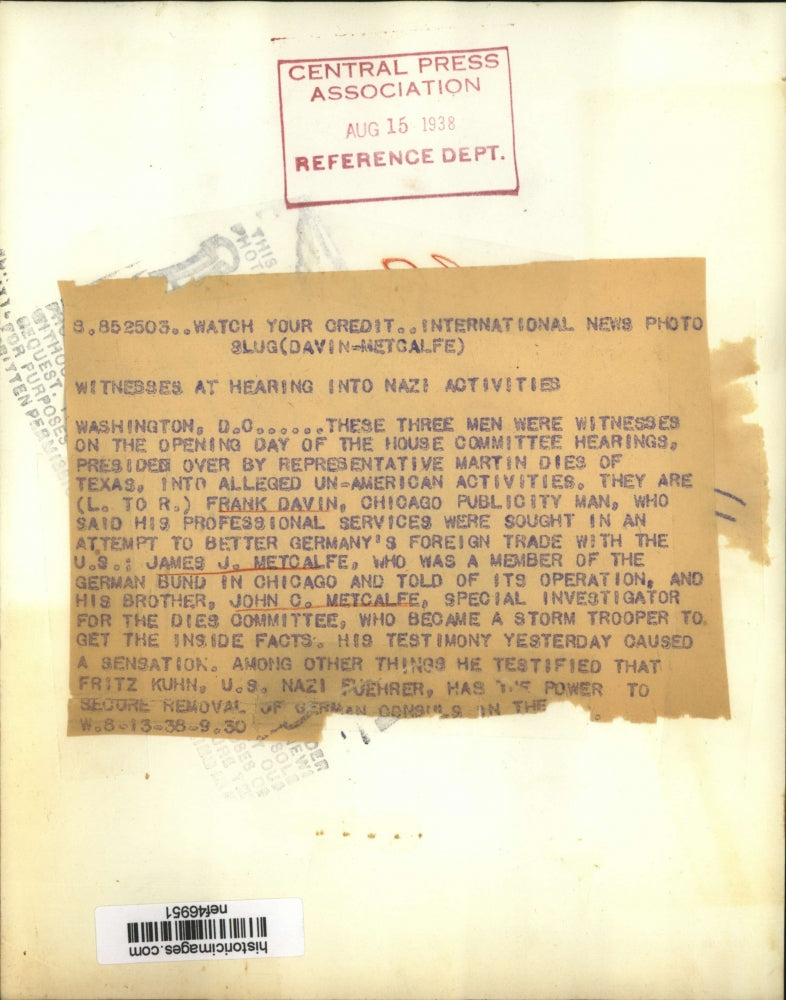 1938 Press Photo Three Witnesses at Opening of House Committee Hearings