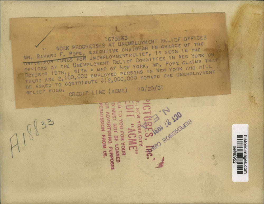 1931 Press Photo Bayard F Pope Shown in Offices of Unemployment Relief Committee