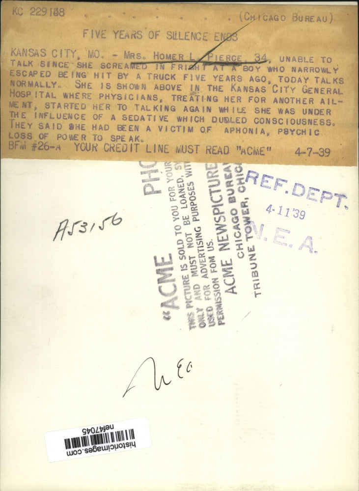 1939 Press Photo Mrs.Homer L. Pirce able to talk after five years of Silence