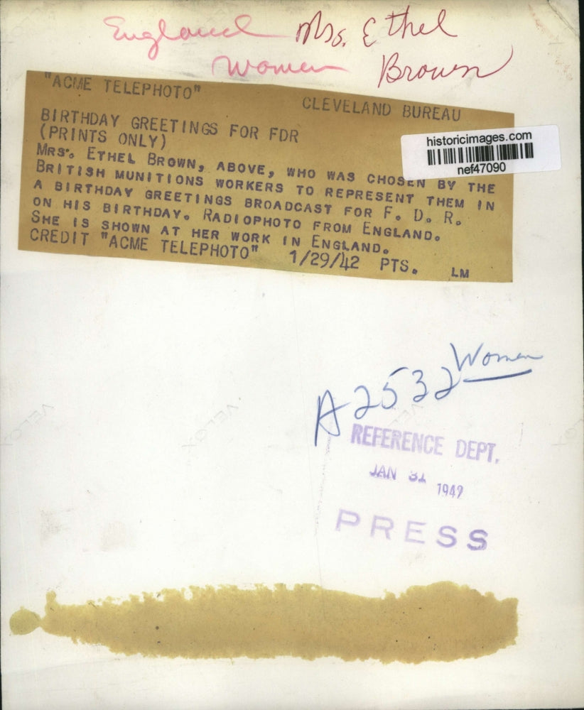 1942 Press Photo Mrs Ethel Brown Chosen by British Workers To Broadcast