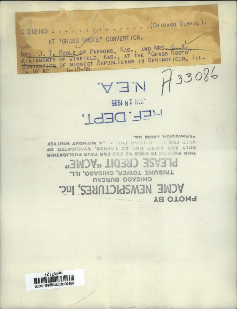 1935 Press Photo Mrs. J.T. Poole, Mrs. G.A. Kininmonth at Grass Roots Convention