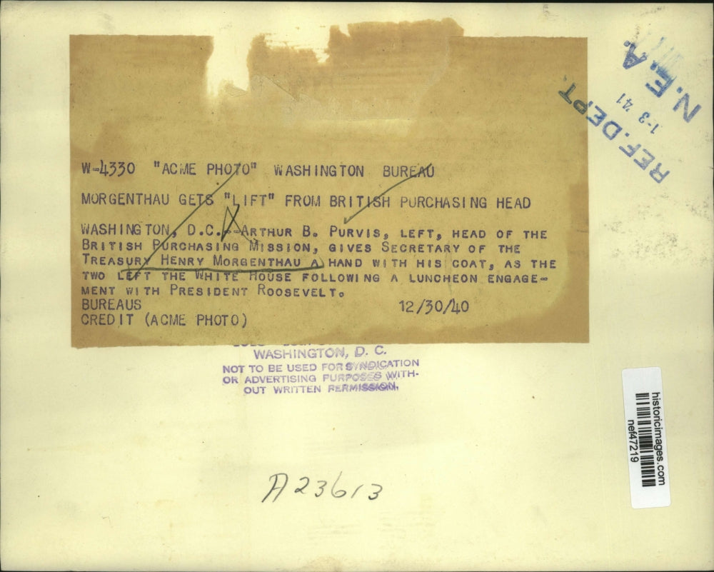 1940 Press Photo Arthur B Purvis & Henry Morgenthau Leaving White House Luncheon