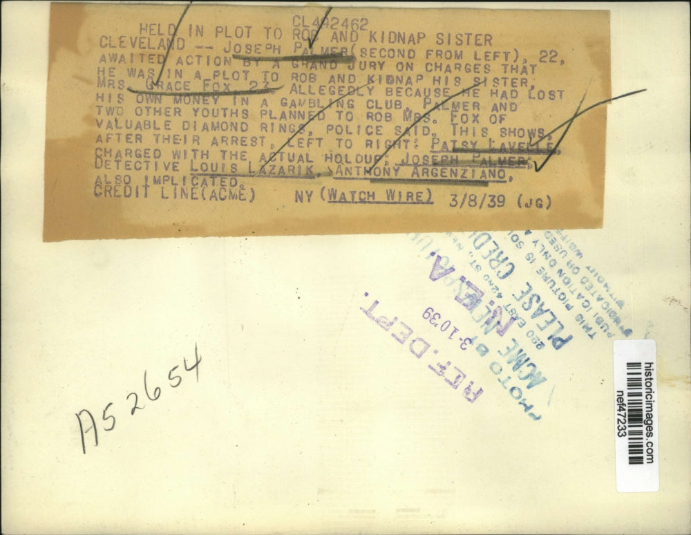 1939 Press Photo Joseph Palmer, Patsy Levelle After Arrest in Cleveland, Ohio