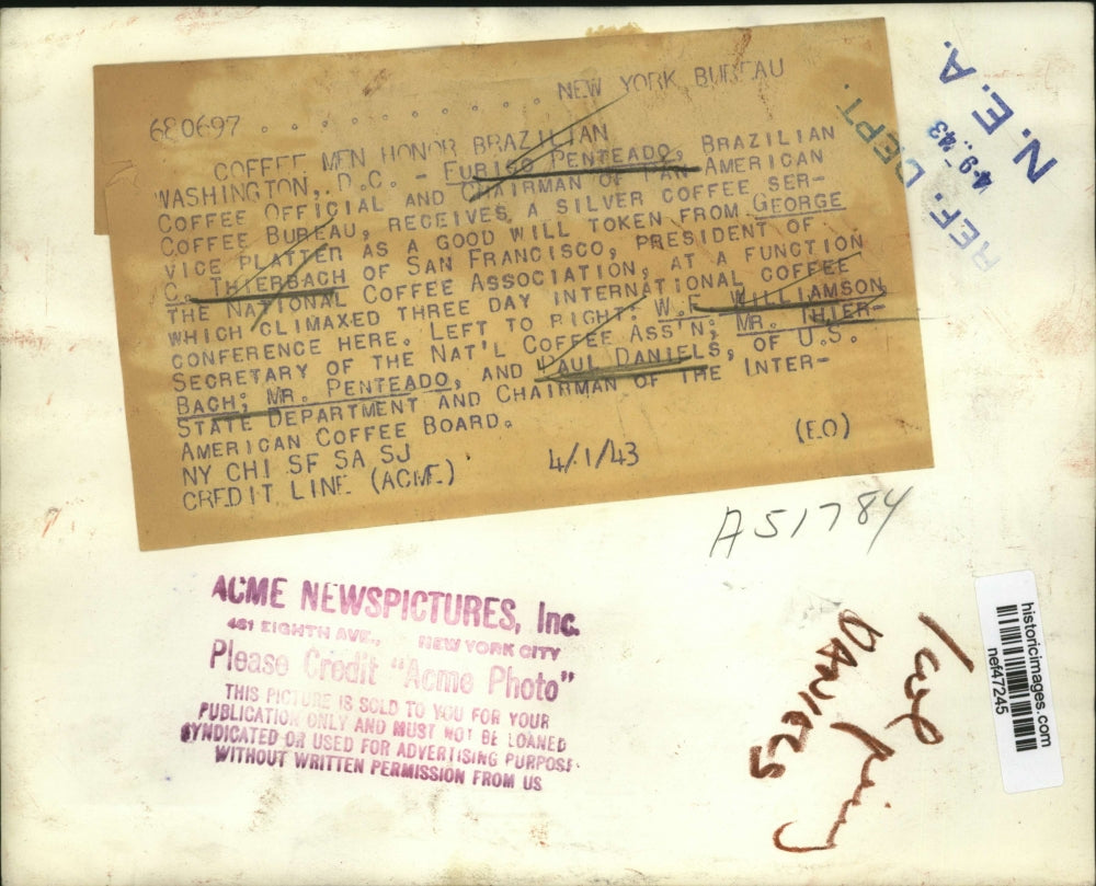 1943 Press Photo Furigo Penteado Receives Silver Coffee Service Platter