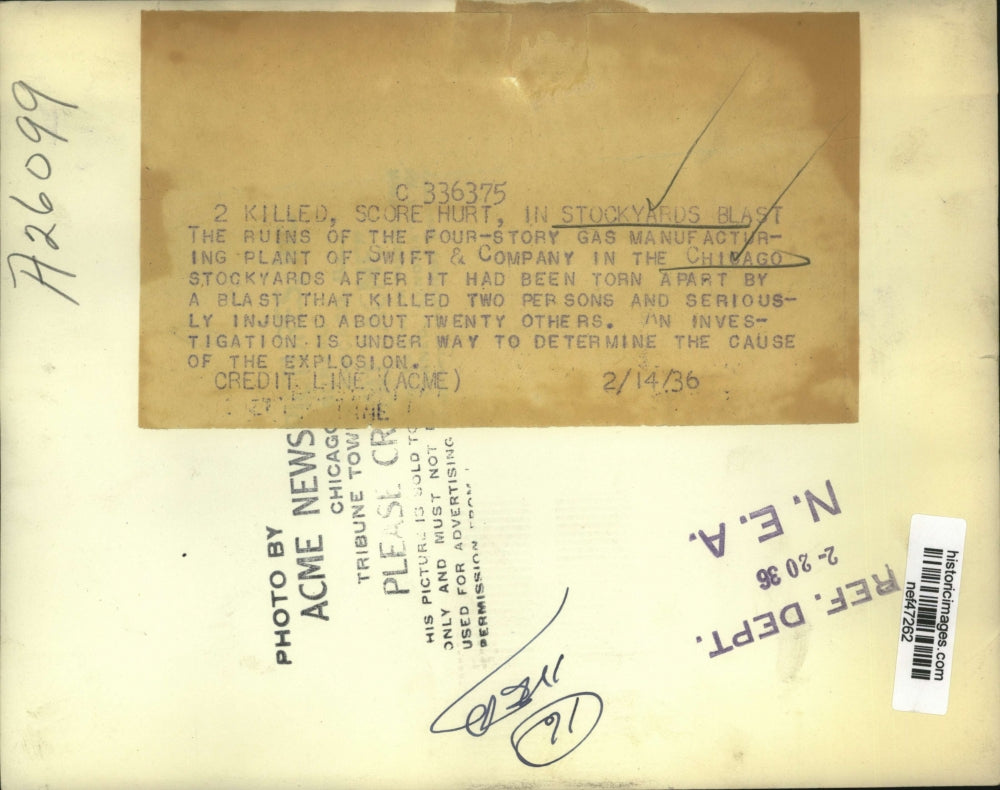 1936 Press Photo Scene of Swift & Company Stockyard Explosion, Chicago