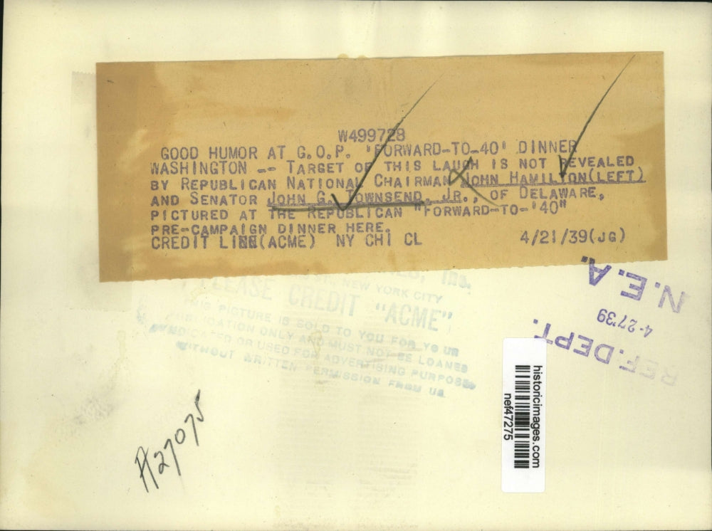 1939 Press Photo John Hamilton, John G. Townsend, Jr. @ GOP Forward-to-40 Dinner