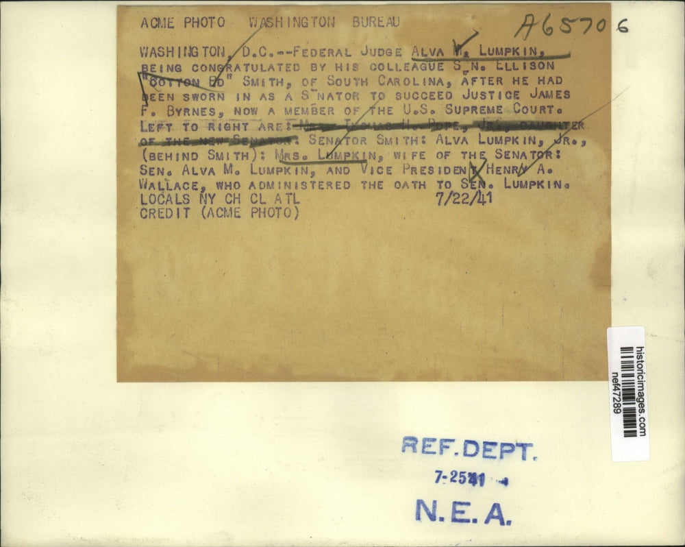 1941 Press Photo Fed Judge Alva M Lumpkin Congratulated by S N Ellison Smith