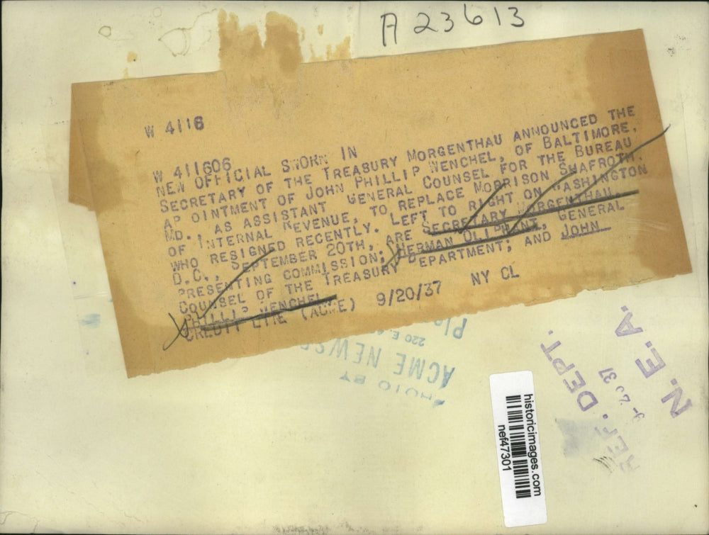 1937 Press Photo John Phillip Wenchel Taking Oath from Henry Morgenthau in D.C.