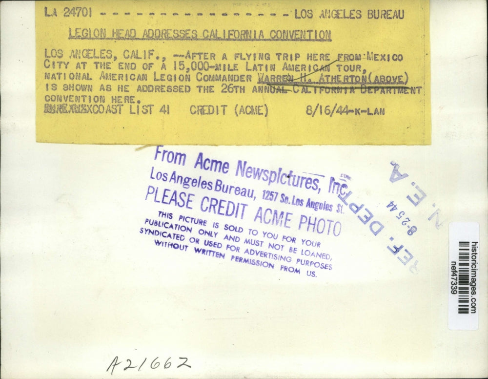 1944 Press Photo Warren H. Atherton at California Department Convention