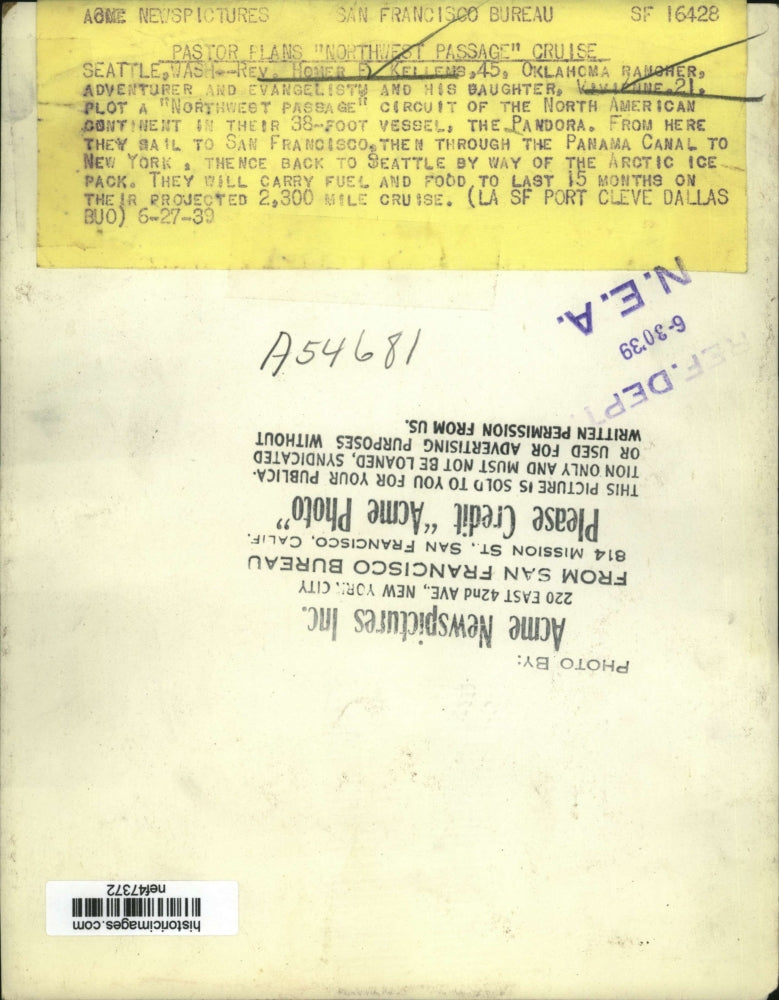 1939 Press Photo Reverend Homer F Kellems and Daughter Vivienne Sail Pandora