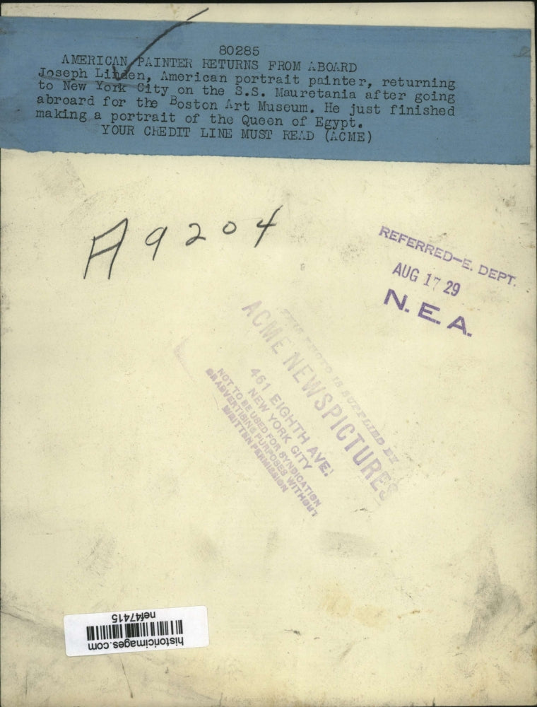 1929 Press Photo Joseph Linden Arriving in New York on S.S. Mauretania