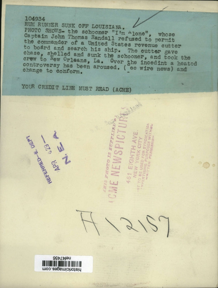 1929 Press John T Randall Refused to Permit U.S. Commander to Board His Ship