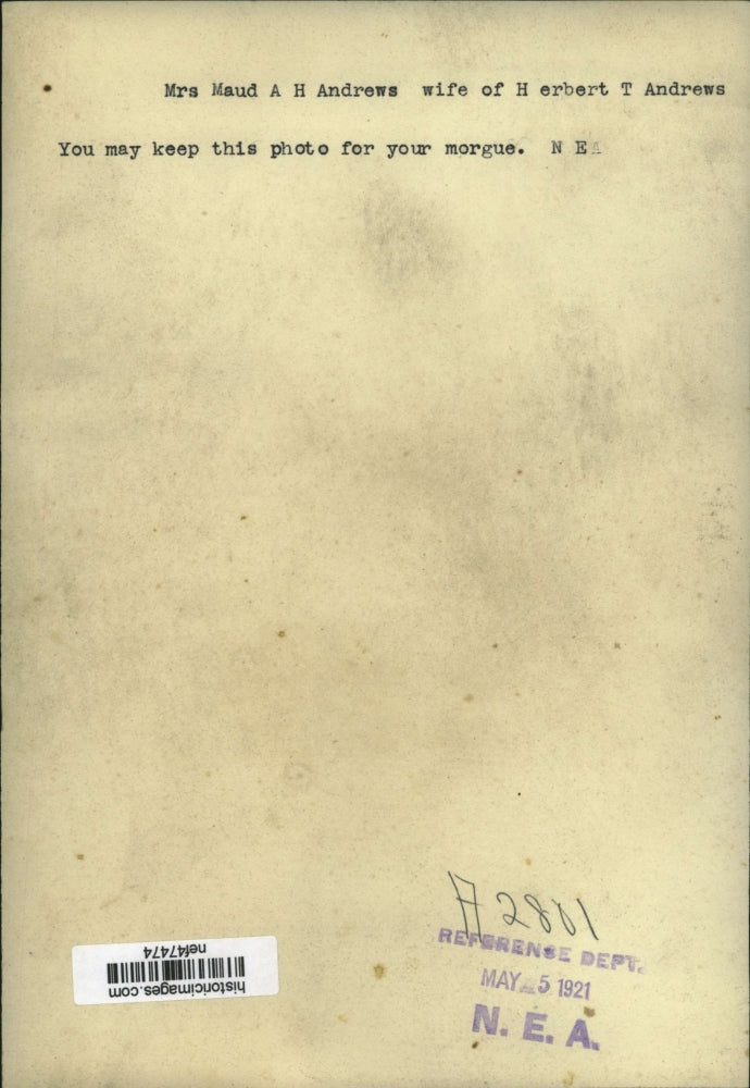 1921 Press Photo Mrs Maud AH Andrews Wife of Herbert T Andrews - nef47474