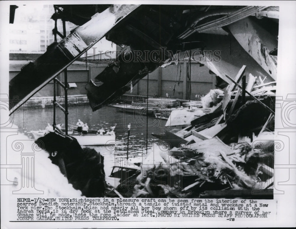1956 Press Photo Wreckage of Swedish Motorship Stockhold at New York Pier