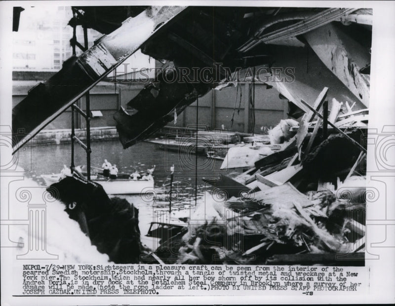 Load image into Gallery viewer, 1956 Press Photo Wreckage of Swedish Motorship Stockhold at New York Pier
