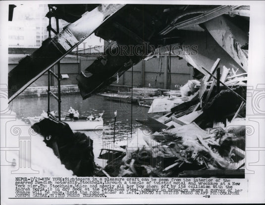 1956 Press Photo Wreckage of Swedish Motorship Stockhold at New York Pier