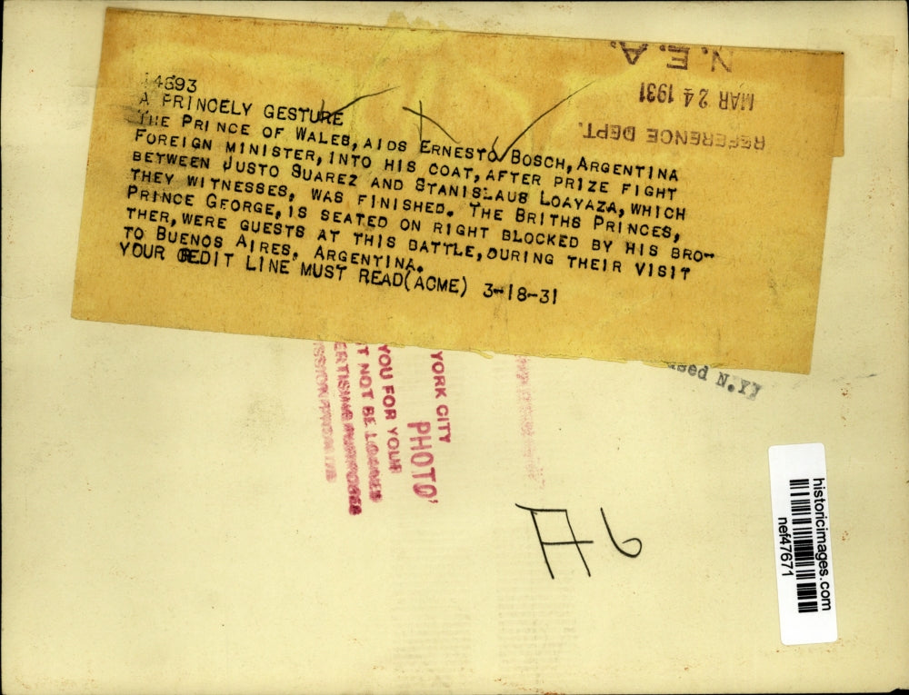 1931 Press Photo Prince of Wales, Ernesto Bosch at Boxing Match in Argentina