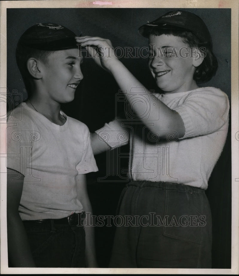 Load image into Gallery viewer, 1951 Press Photo Official Bike Brigade Caps Worn by Michael Caveney - nef47705
