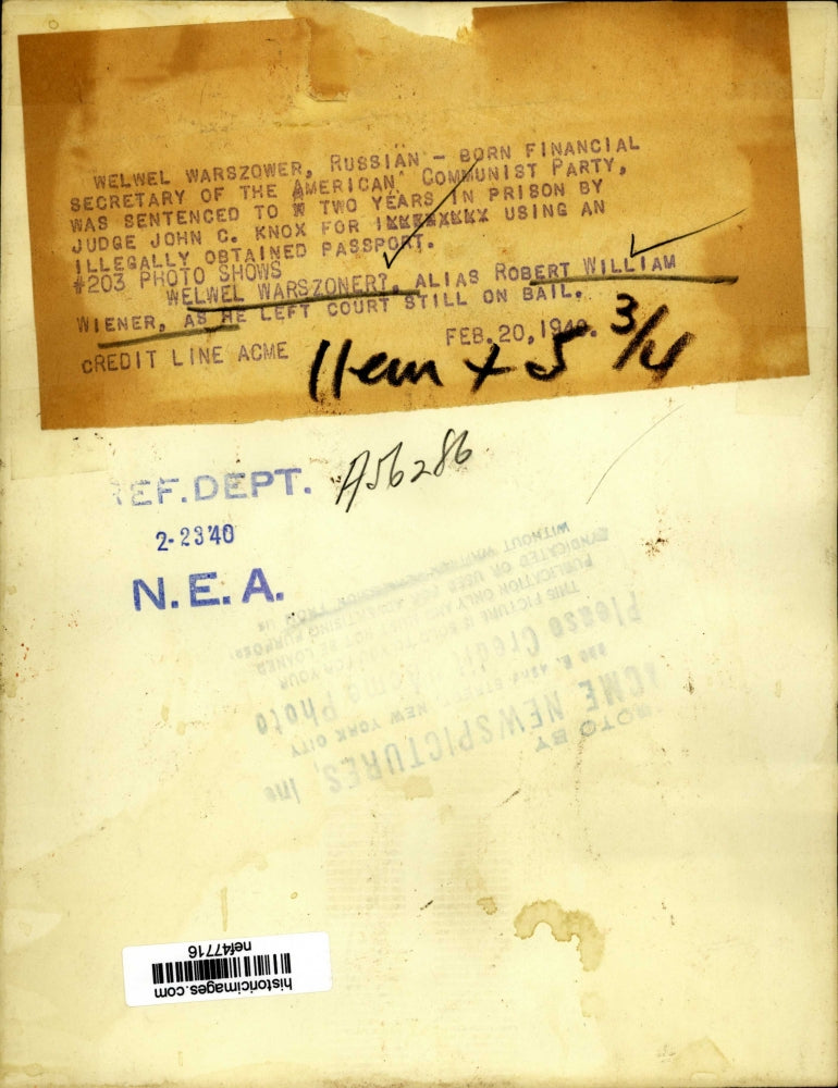 1940 Press Photo Welwel Warszoner aka Robert William Wiener Leaving Court