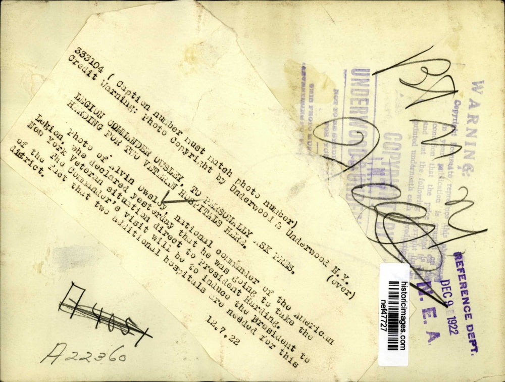 1922 Press Photo Alvin Owsley National Commander of American Legion Asking