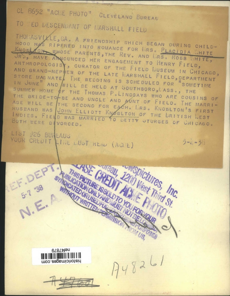 1938 Press Photo Placidia White Knowlton, Engaged to Henry Field - nef47879