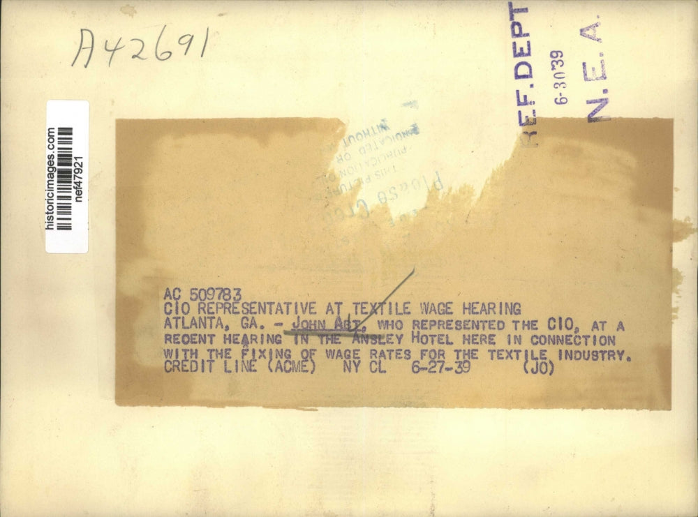 1939 Press Photo John Abt at Ansley Hotel Textile Wage Hearing, Atlanta