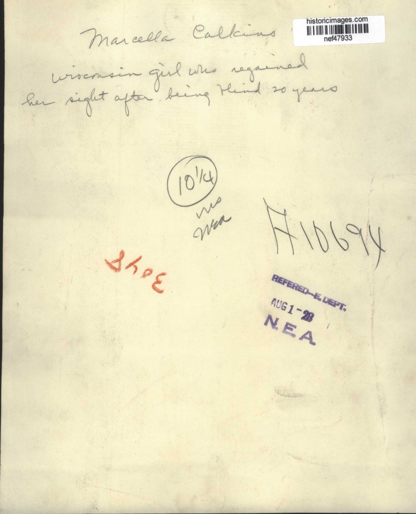 1928 Press Photo Marcelle Calkins, Regained Sight After 20 Years Blindness