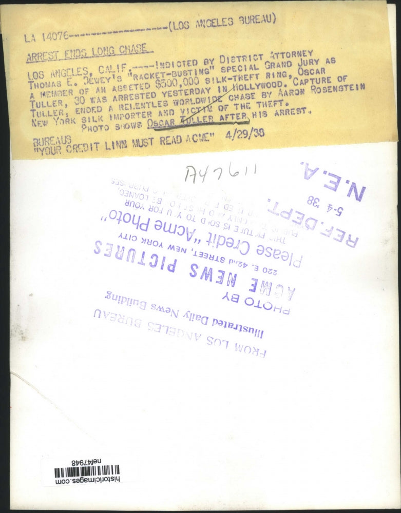 1938 Press Photo Oscar Tuller After His Arrest, Los Angeles - nef47948