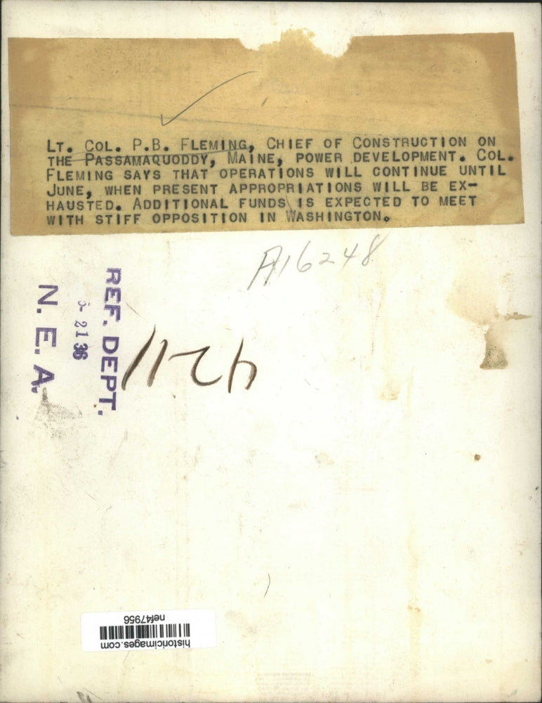 1936 Press Photo Lt Colonel PB Fleming Chief of Construction on Passamaquoddy