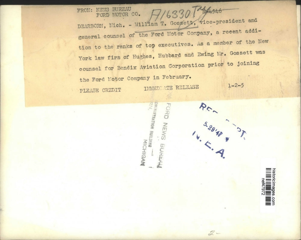 1947 Press Photo William T. Gossett of Ford Motor Company - nef47972