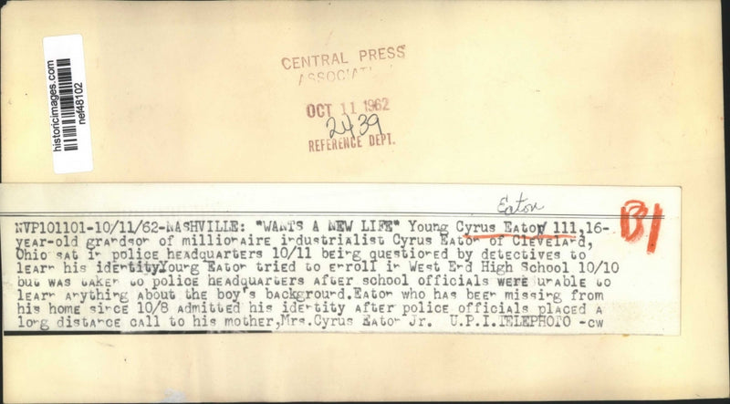 Load image into Gallery viewer, 1962 Press Photo Cyrus Easton Grandson on millionaire Industrialist Cyrus Easton
