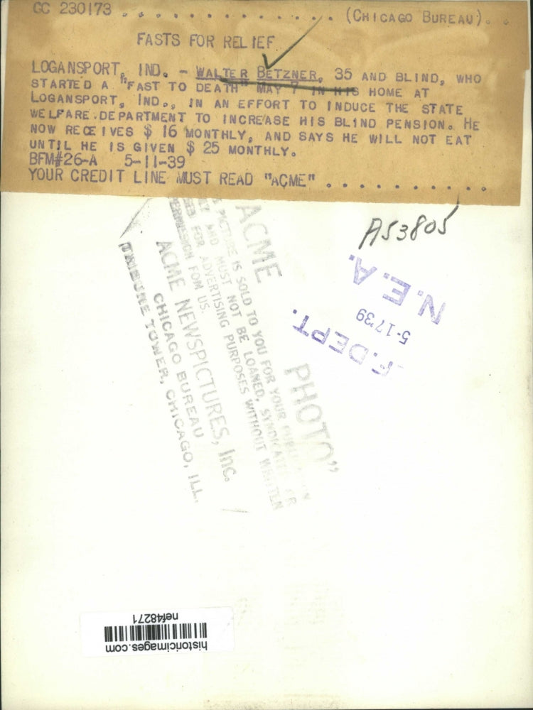 1939 Press Photo Walter Betzner Induce Welfare Dept to Increase Blind Pension