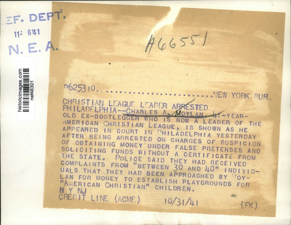 1941 Press Photo Charles Moulan Ex-Bootlegger Leader of American Christian Leagu