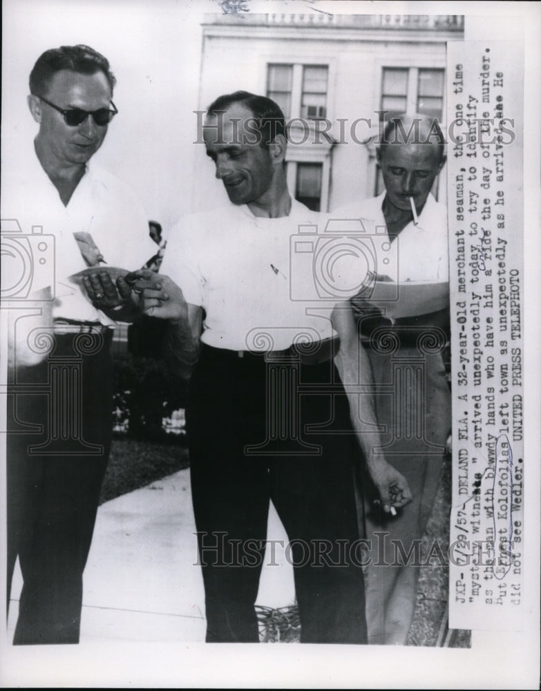 Load image into Gallery viewer, 1957 Press Photo Merchant Seaman Ernest Kolofolias Arrived for Lineup in Florida
