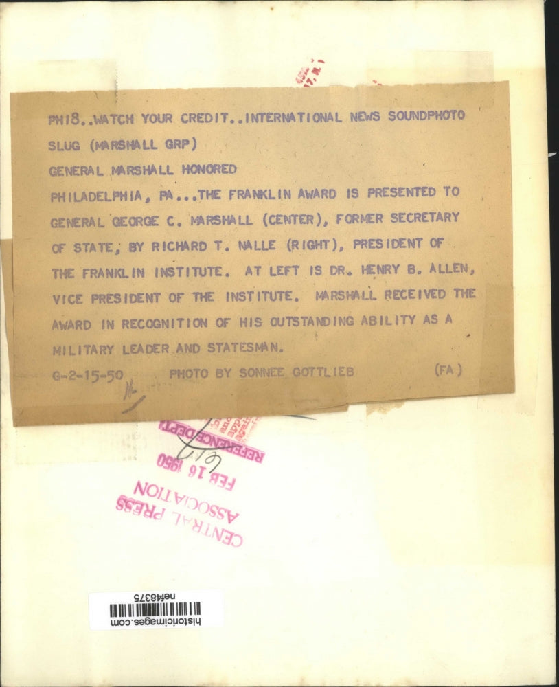 1950 Press Photo Gen.George C.Marshall honored the Franklin Award