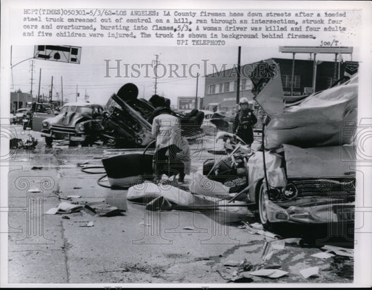 1962 Press Photo Firemen at Scene of Steel Truck Crash & Fire, Los Angeles