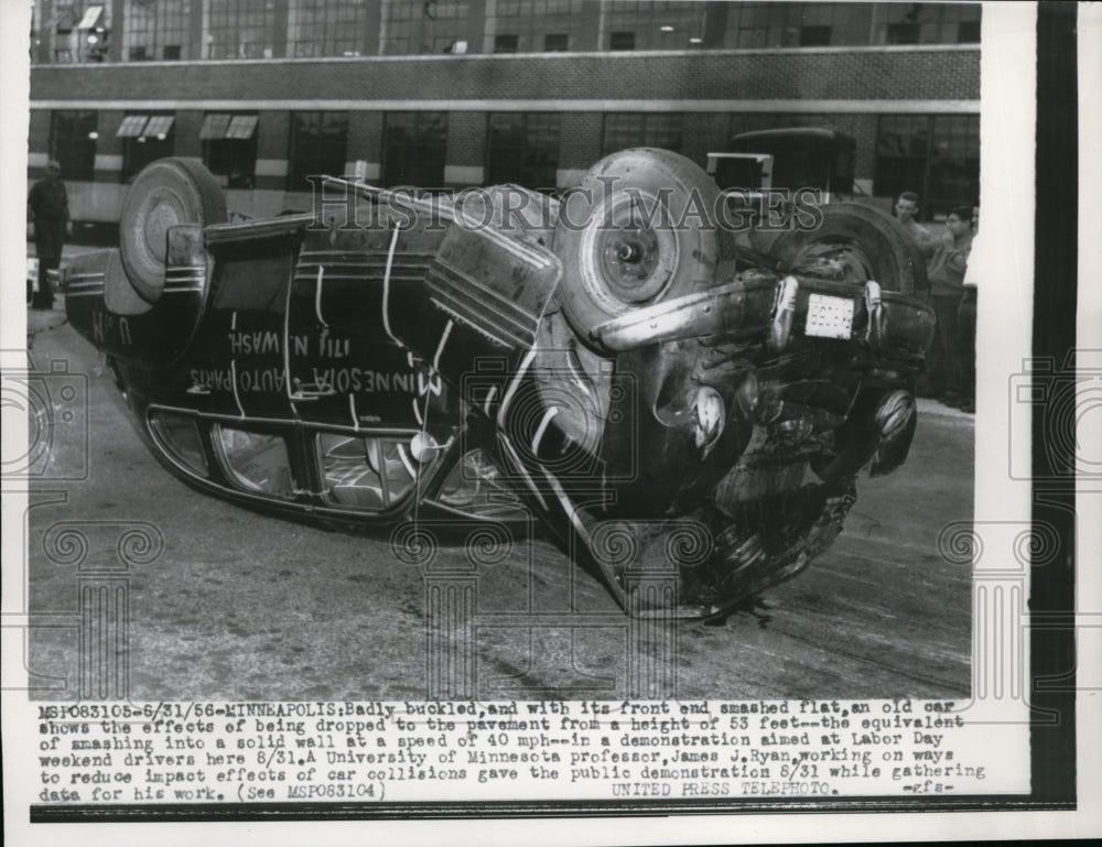 1956 Press Photo Car Wreck Demonstration of James J. Ryan, Minnesota University