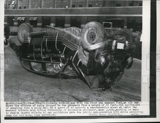 1956 Press Photo Car Wreck Demonstration of James J. Ryan, Minnesota University