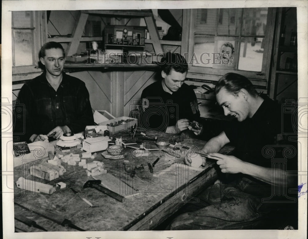 1944 Press Photo Prisoners are Working in Woodworking Shop Inside Compound