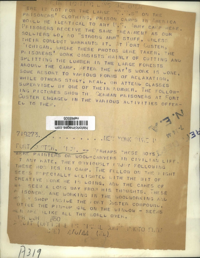 1944 Press Photo Prisoners are Working in Woodworking Shop Inside Compound