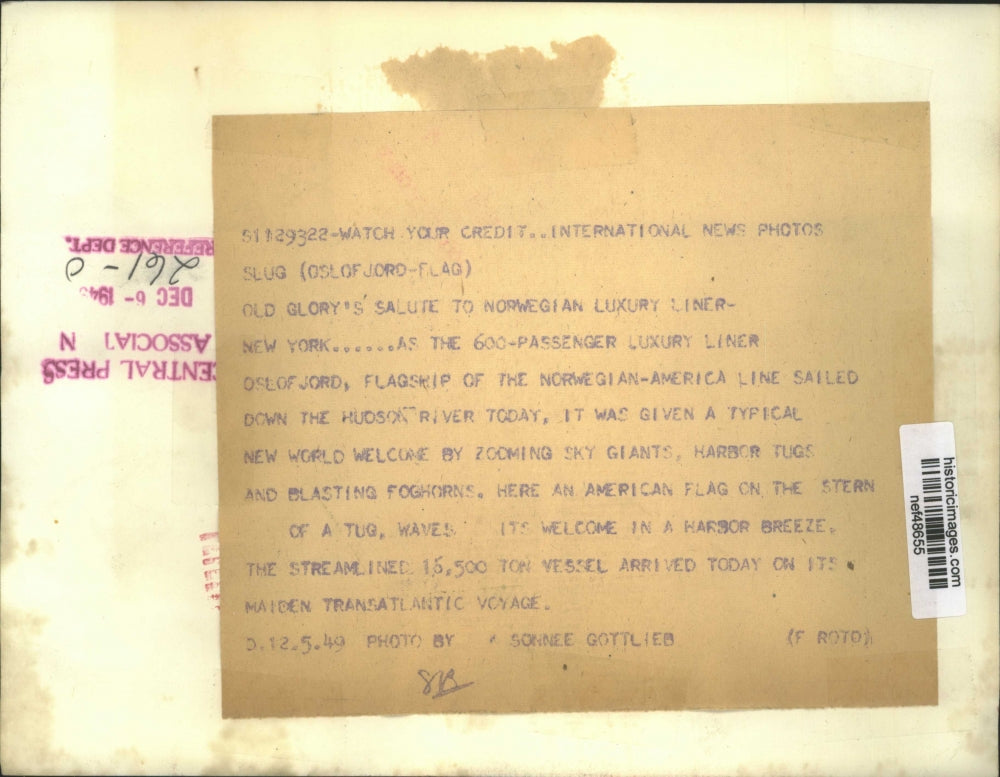 1949 Press Photo Luxury Liner Ship "Oslofjord" on Hudson River, New York