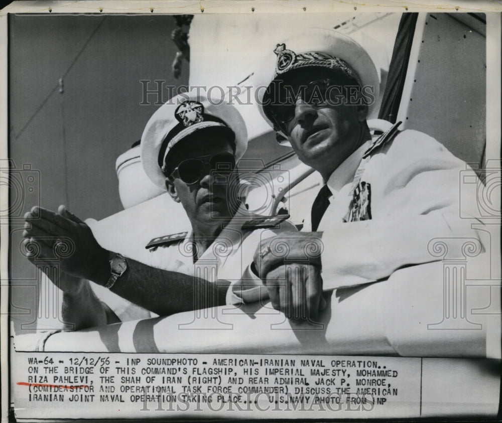 1956 Press Photo Mohammed Reza Pahlevi, Jack P. Monoe Aboard American Flagship